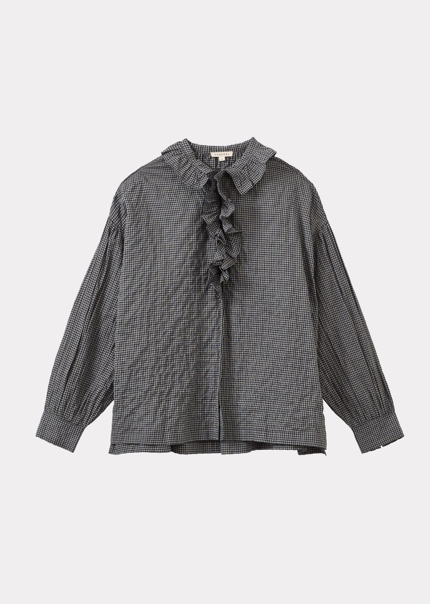 WOMEN'S FRILL COTTON BLOUSE - BLACK/ GREY CHECK