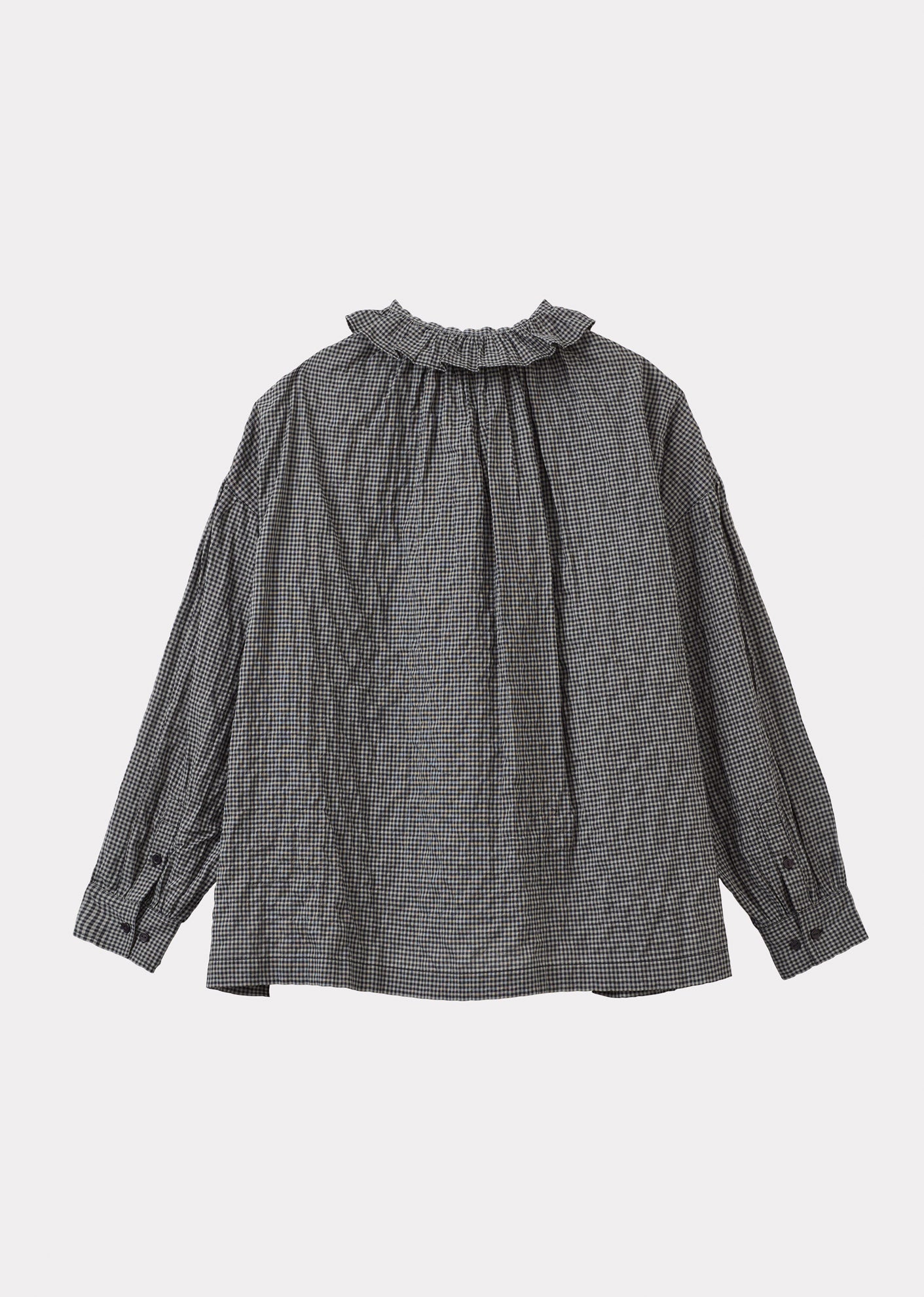 WOMEN'S FRILL COTTON BLOUSE - BLACK/ GREY CHECK