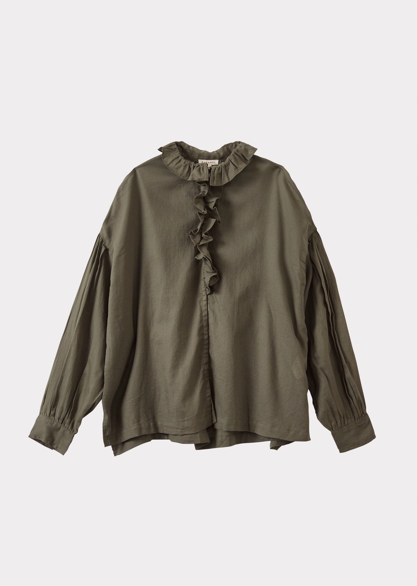 WOMEN'S COTTON FRILL BLOUSE - GREY GREEN