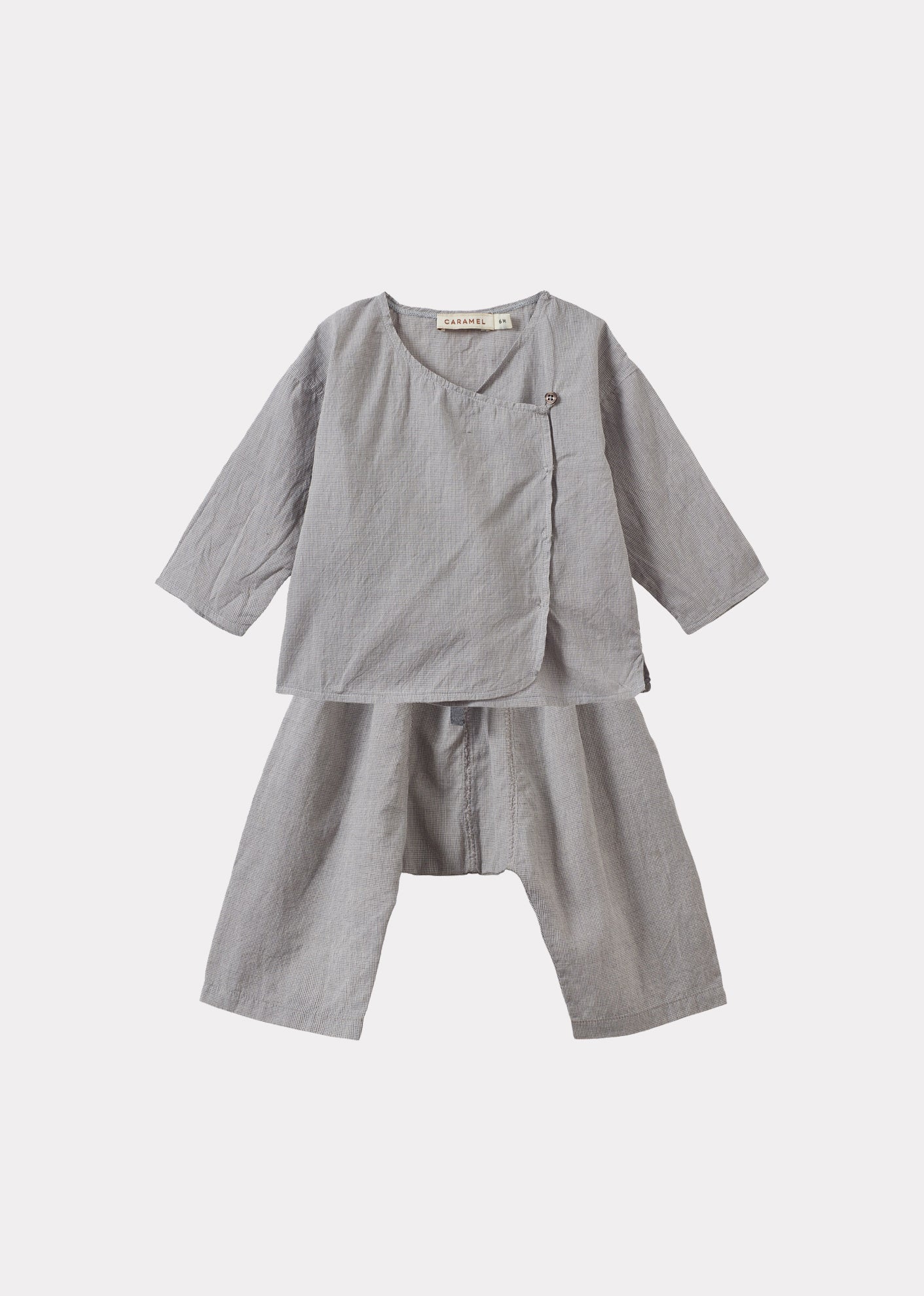 ACORUS BABY HAND-LOOMED COTTON TOP AND TROUSERS SET - GREY MICRO-CHECK